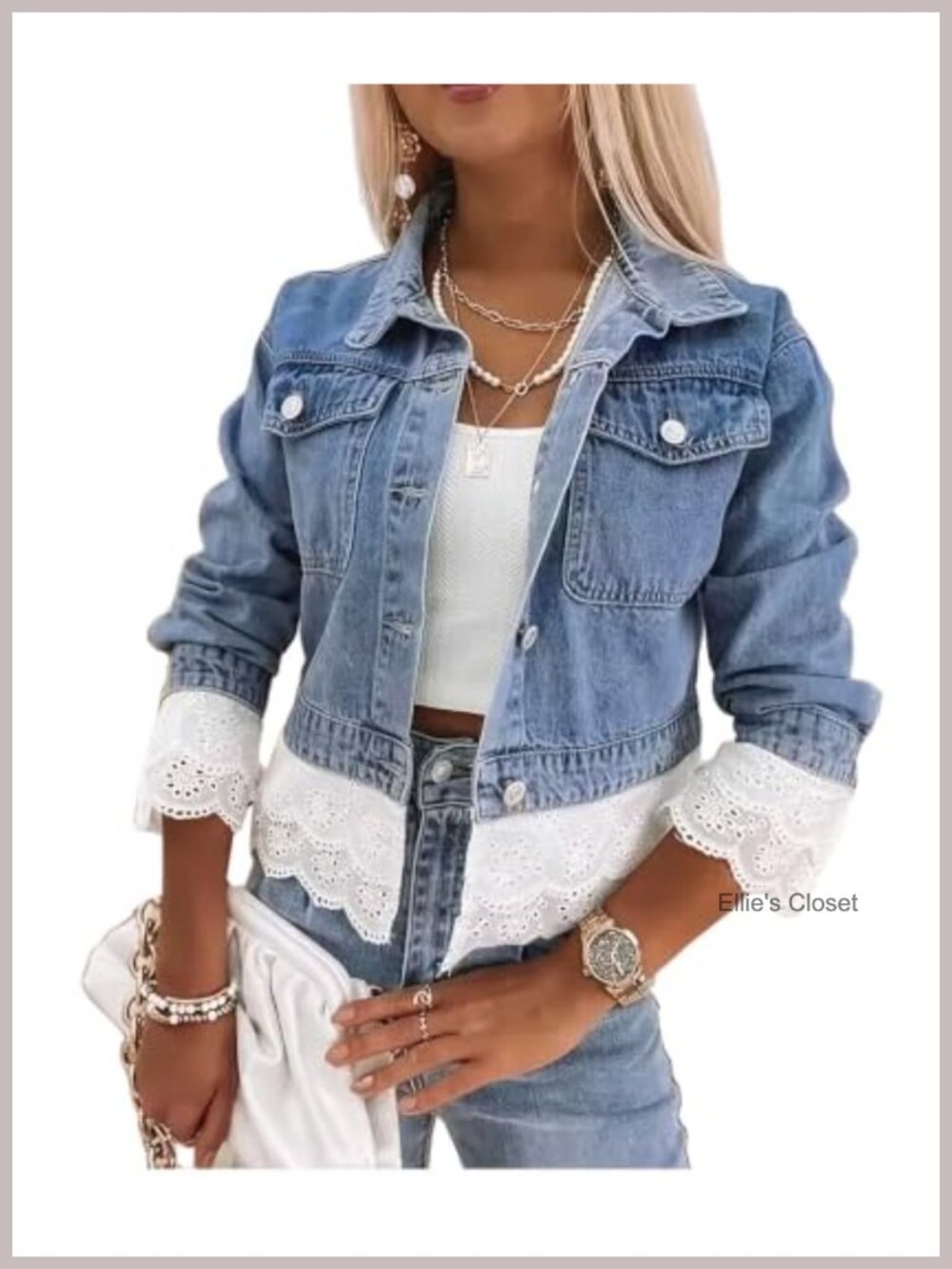 Women's Long Sleeve Button Down Lace Eyelet Denim Jacket